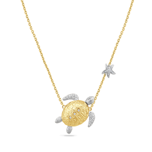 14K TWO-TONE DIAMOND TURTLE NECKLACE WITH 16 DIAMONDS 0.08CT WITH LITTLE DIAMOND STARS ON 18 INCHES CHAIN