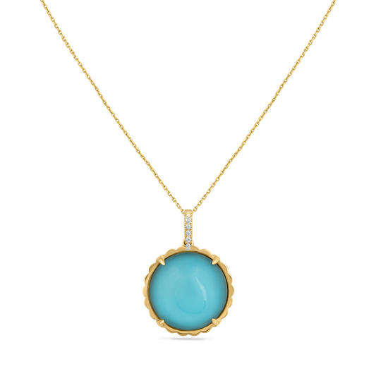 14K DOUBLET PENDANT IN WHITE TOPAZ AND RECON TURQUOISE WITH 11 DIAMONDS 0.07CT ON 18 INCHES CABLE CHAIN