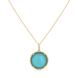 14K DOUBLET PENDANT IN WHITE TOPAZ AND RECON TURQUOISE WITH 11 DIAMONDS 0.07CT ON 18 INCHES CABLE CHAIN