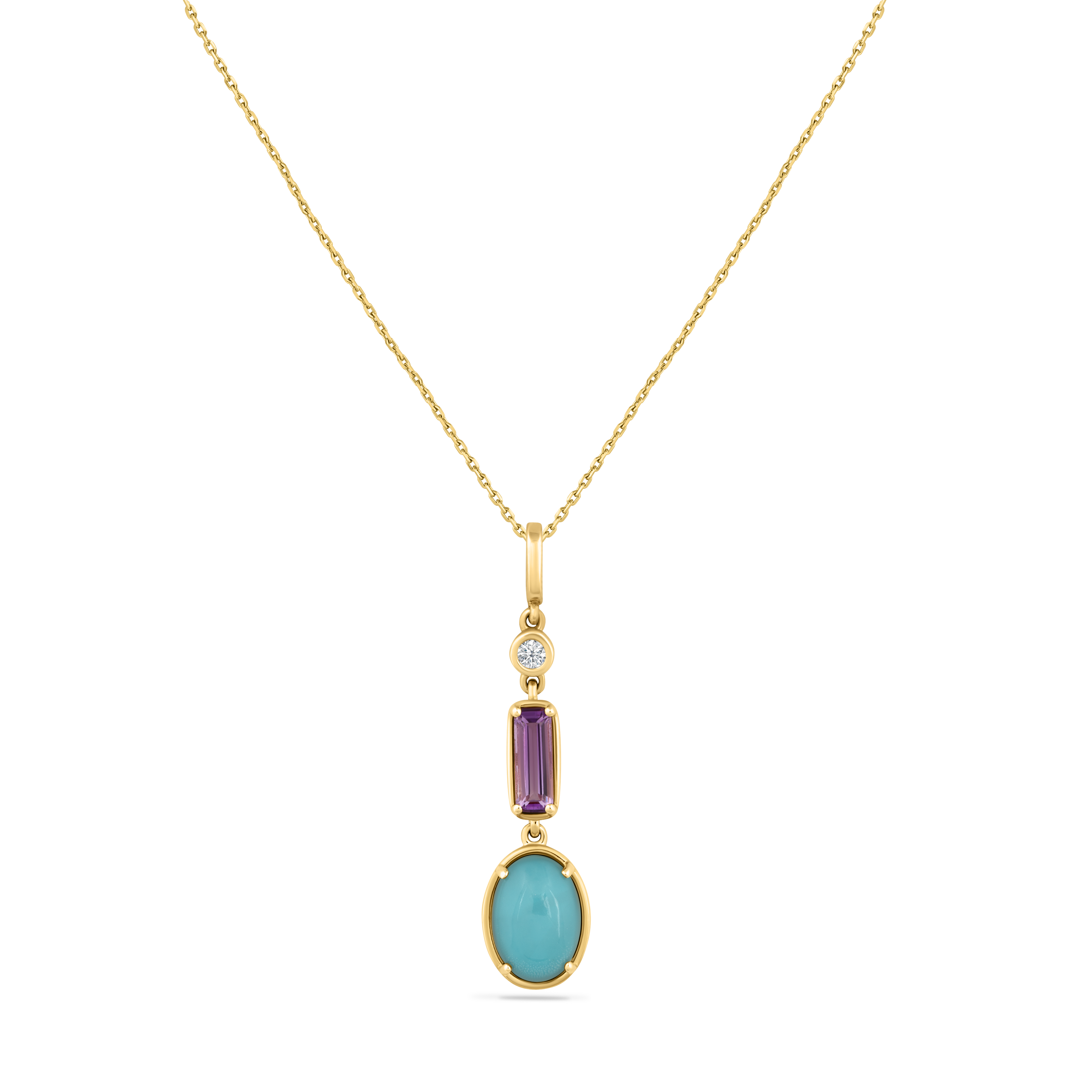 14K DROP PENDANT WITH DIAMOND, AMETHYST, DOUBLET WHITE TOPAZ & RECON TURQUOISE ON 18 INCHES CABLE CHAIN