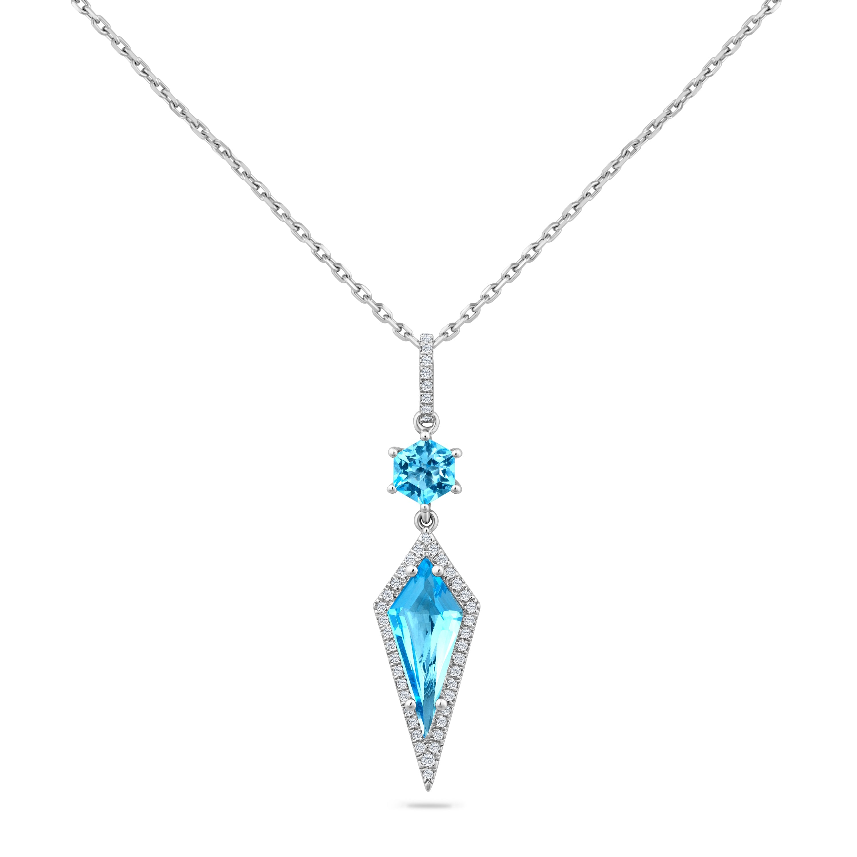 14KW PENDANT WITH 46 DIAMONDS 0.18CT & 2 BLUE TOPAZ 3.17CT ON 18 INCHES CABLE CHAIN