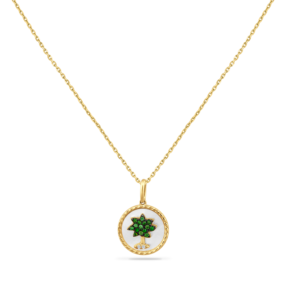14K PALM TREE PENDANT WITH DIAMONDS, GREEN GARNET & MOTHER OF PEARL ON 18 INCHES CHAIN