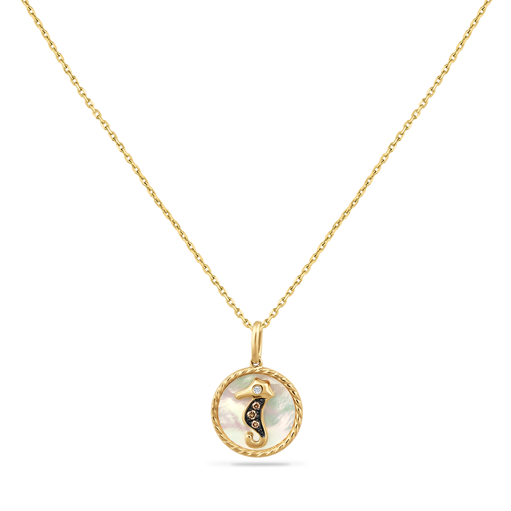 14K SEAHORSE PENDANT MOTHER OF PEARL, 1 DIAMOND 0.01CT & 3 BROWN DIAMONDS 0.03CT ON 18 INCHES CHAIN, 13MM DIAMETER