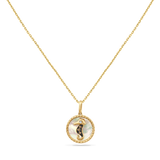 14K SEAHORSE PENDANT MOTHER OF PEARL, 1 DIAMOND 0.01CT & 3 BROWN DIAMONDS 0.03CT ON 18 INCHES CHAIN, 13MM DIAMETER