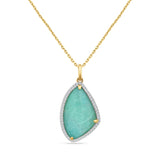 14K FANCY SHAPED FLAT AMAZONITE AND CLEAR QUARTZ PENDANT. SET WITH DIAMONDS SUSPENDED ON 18 INCHES CABLE CHAIN