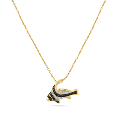 14KW SPOTTED FISH PENDANTWITH 28 DIAMONDS & 25 BLACK DIAMONDS ON 18 INCHES CHAIN