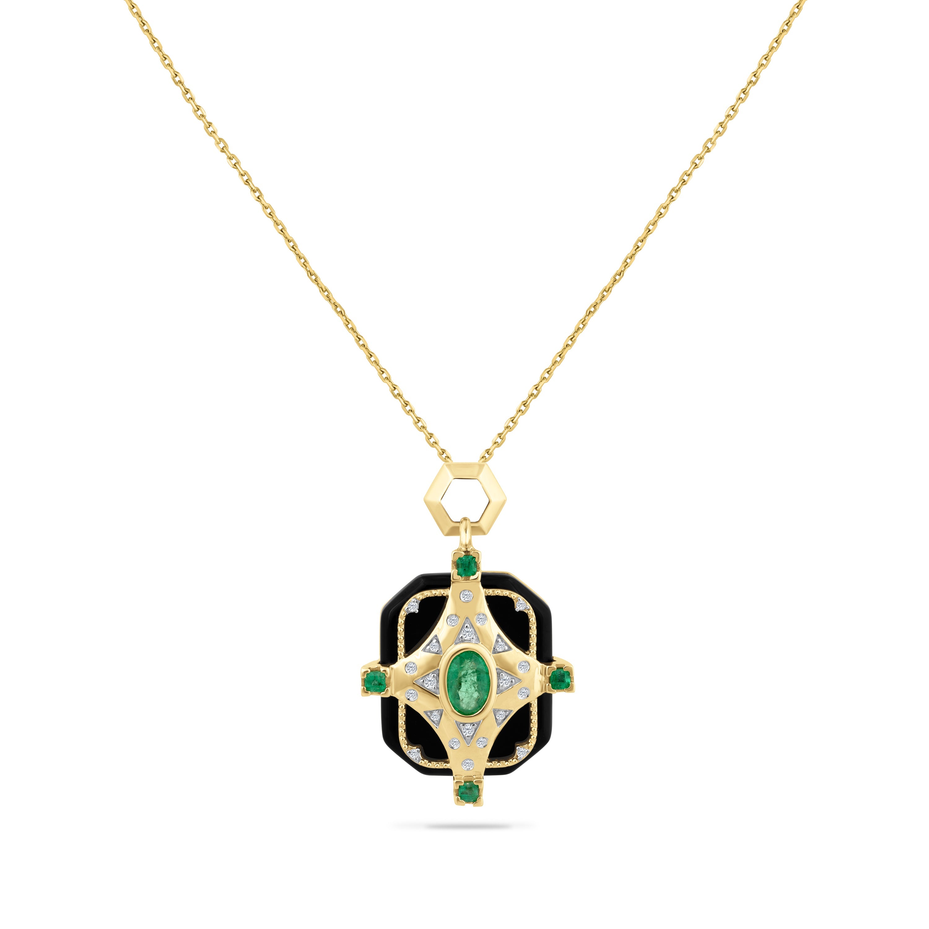14K PENDANT WITH BLACK ONYX 1.00CT, 22 DIAMONDS 0.09CT, 1 CENTER EMERALD 0.45CT AND 4 EMERALDS 0.16CT ON 18 INCHES CHAIN