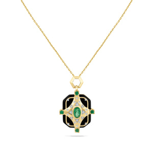 14K PENDANT WITH BLACK ONYX 1.00CT, 22 DIAMONDS 0.09CT, 1 CENTER EMERALD 0.45CT AND 4 EMERALDS 0.16CT ON 18 INCHES CHAIN