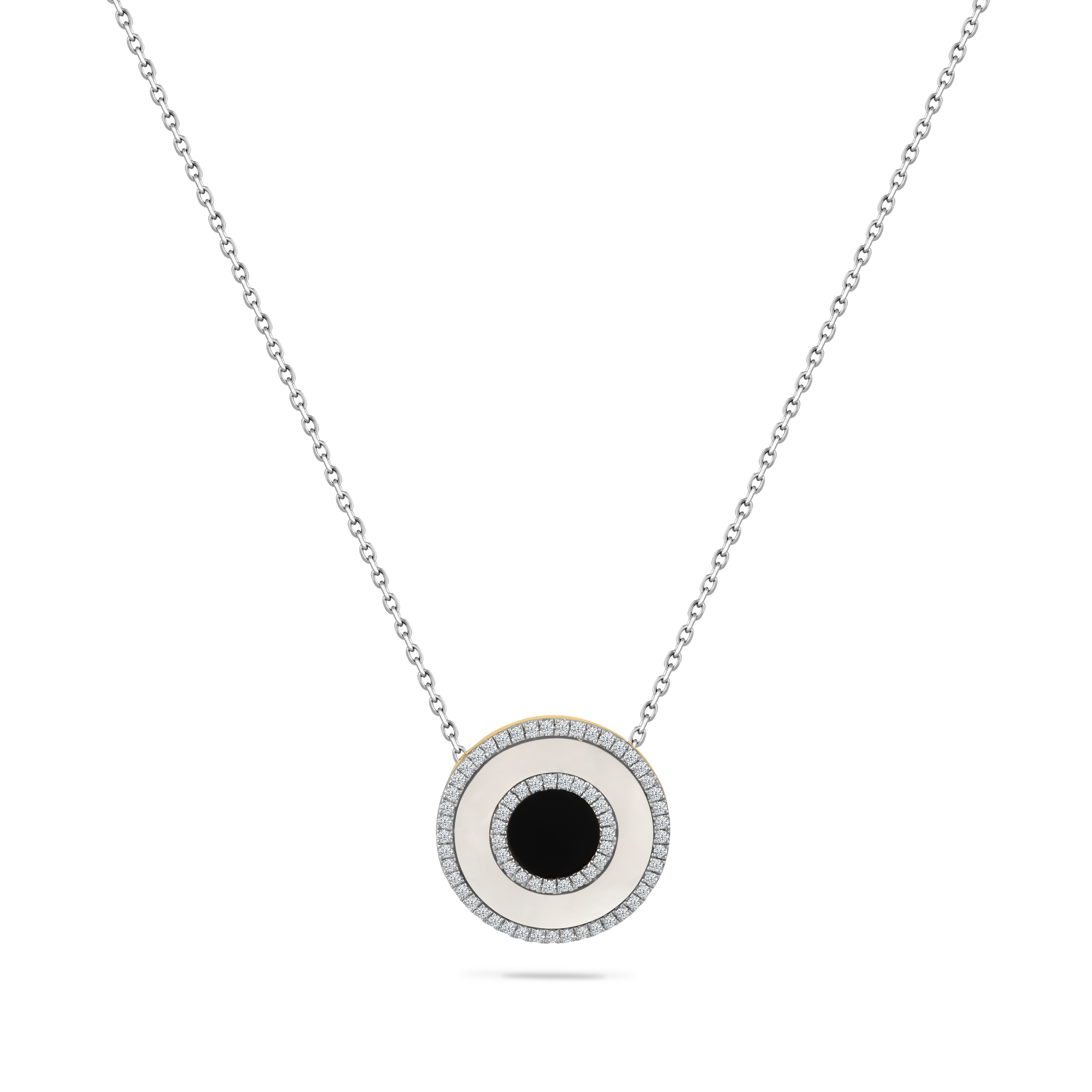 14K DISK PENDANT WITH MOTHER OF PEARL, BLACK ONYX  & 68 DIAMONDS 0.23CT ON 18 INCHES CABLE CHAIN