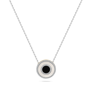 14K DISK PENDANT WITH MOTHER OF PEARL, BLACK ONYX  & 68 DIAMONDS 0.23CT ON 18 INCHES CABLE CHAIN
