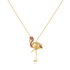14KY FLAMINGO PENDANT WITH 3 DIAMONDS 0.02CT & 18 RUBIES 0.20CT ON 18 INCHES CABLE CHAIN