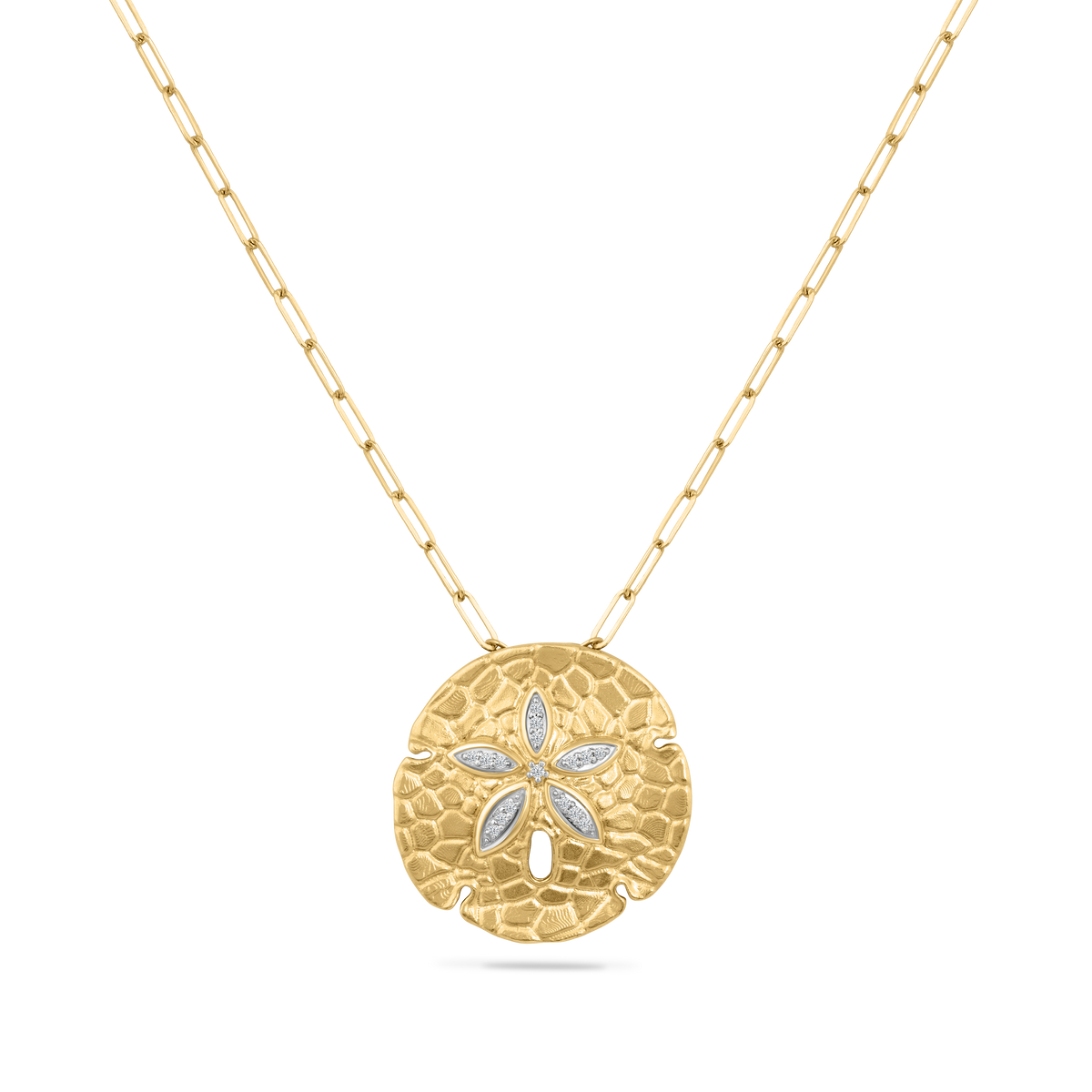 ﻿14KY SAND DOLLAR PENDANT WITH 16 DIAMONDS 0.09CT ON 18 INCHES CABLE CHAIN