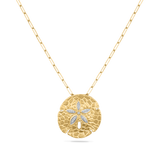 o;?14KY SAND DOLLAR PENDANT WITH 16 DIAMONDS 0.09CT ON 18 INCHES CABLE CHAIN