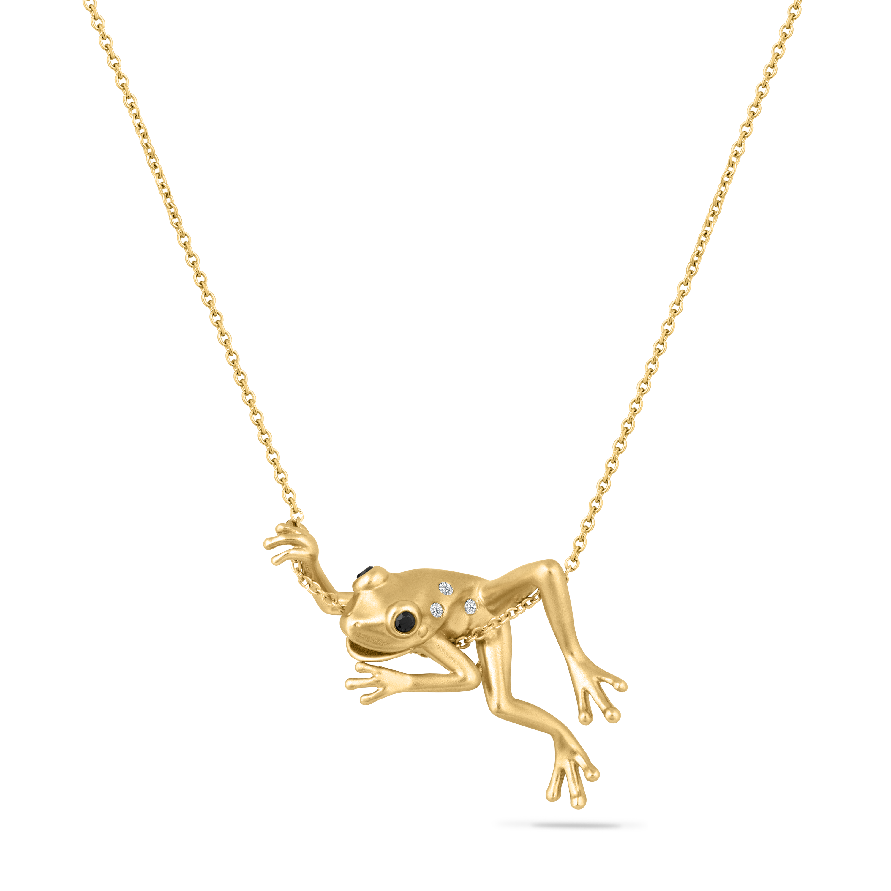 14K FROG PENDANT WITH 3 DIAMONDS 0.016CT AND 2 BLACK DIAMONDS 0.038CT ON 18 INCHES CABLE CHAIN