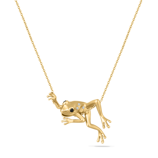 14K FROG PENDANT WITH 3 DIAMONDS 0.016CT AND 2 BLACK DIAMONDS 0.038CT ON 18 INCHES CABLE CHAIN