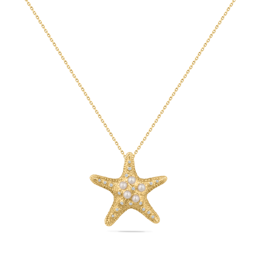 14K STARFISH PENDANT WITH 18 DIAMONDS 0.099CT AND 5 CENTRAL PEARLS ON 18 INCHES CABLE CHAIN