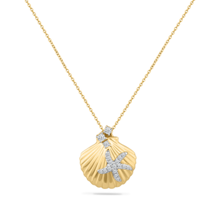 14K SHELL PENDANT WITH 19 DIAMONDS 0.14CT, ON 18 INCHES CHAIN