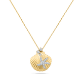 14K SHELL PENDANT WITH 19 DIAMONDS 0.14CT, ON 18 INCHES CHAIN