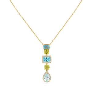 14K PENDANT WITH  52 DIAMONDS 0.15CT, 2 PERIDOT 1.22CT AND 3 BLUE TOPAZ 2.90CT SUSPENDED ON 18 INCHES CABLE CHAIN