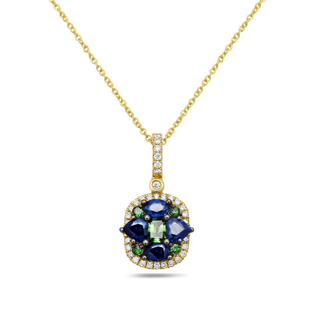 14K MULTI COLOR PENDANT WITH  DIAMONDS, SAPPHIRES AND GREEN GARNETS ON 18 INCHES CABLE CHAIN