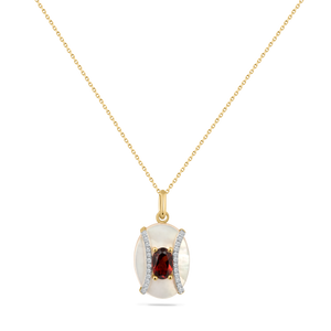 14K MOTHER OF PEARL PENDANT WITH 24 DIAMONDS 0.090CT AND 1 CENTER GARNET 0.66CT ON 18 INCHES CABLE CHAIN