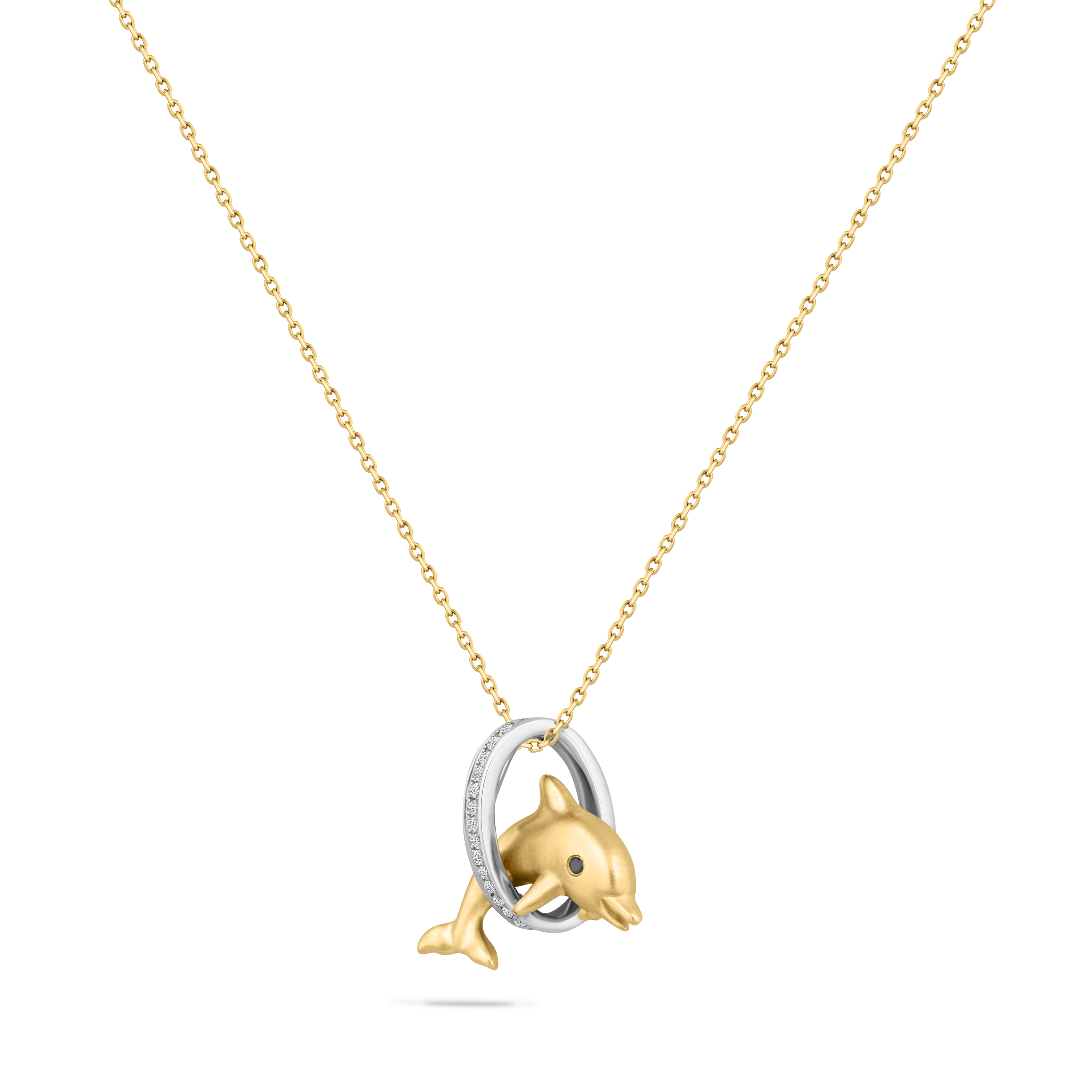 14K JUMPING DOLPHIN PENDANT WITH  14 DIAMONDS 0.05CT & 1 BLACK DIAMOND 0.005CT ON 18 INCHES CABLE CHAIN