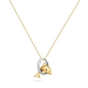 14K JUMPING DOLPHIN PENDANT WITH  14 DIAMONDS 0.05CT & 1 BLACK DIAMOND 0.005CT ON 18 INCHES CABLE CHAIN