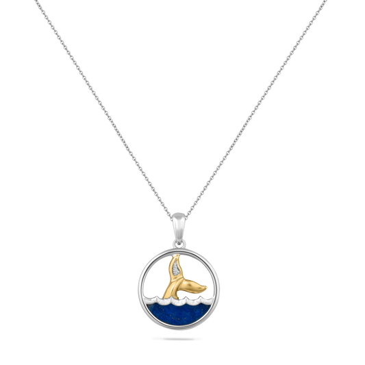 14K DIVING WHALE TAIL DISK PENDANT WITH 1 DIAMOND .003CT & LAPIS ON 18 INCHES CHAIN