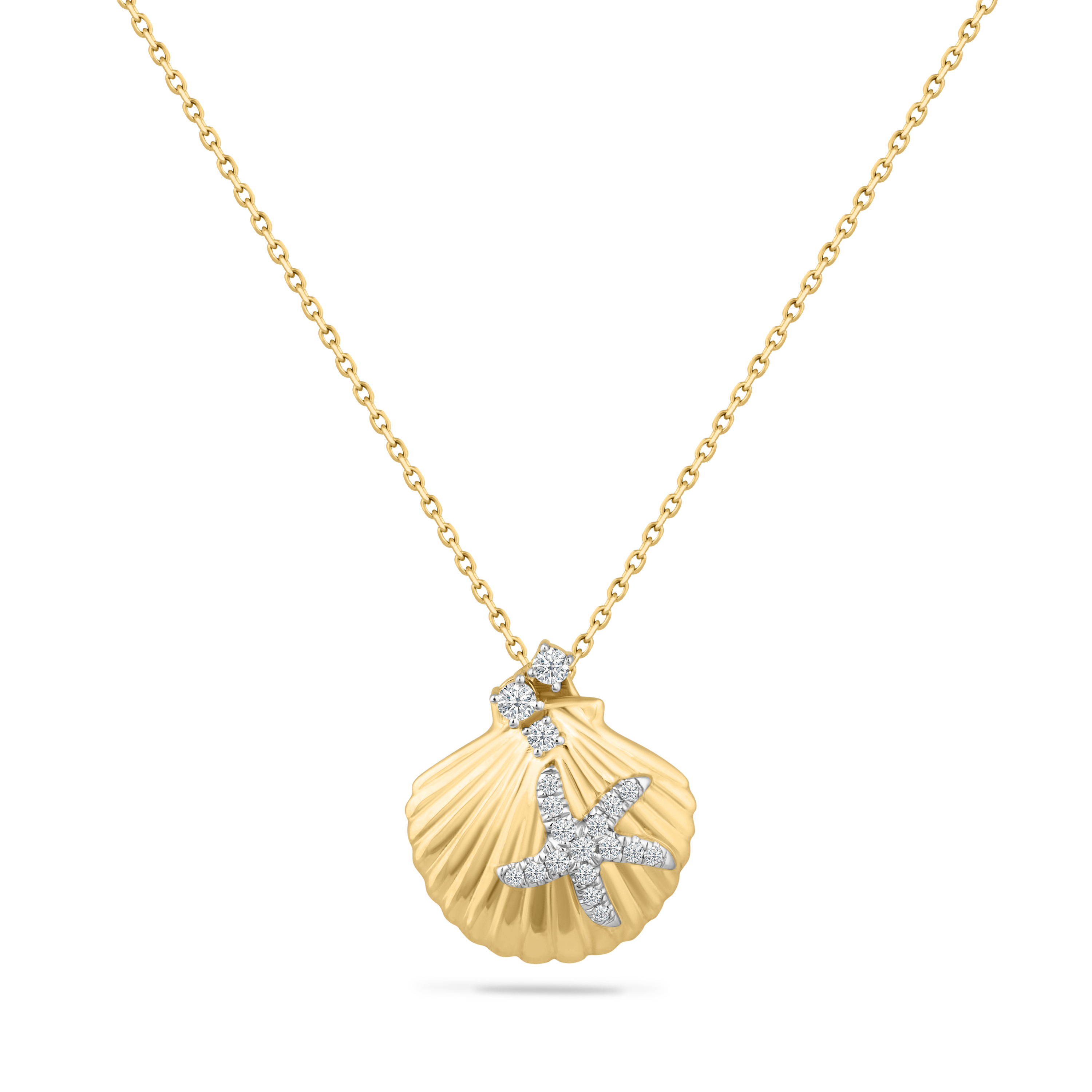 14K STARFISH ON SHELL PENDANT WITH 19 DIAMONDS 0.14CT ON 18 INCHES CABLE CHAIN