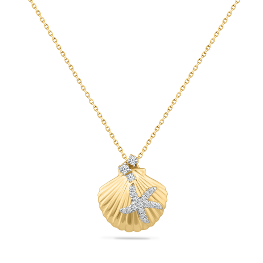 14K STARFISH ON SHELL PENDANT WITH 19 DIAMONDS 0.14CT ON 18 INCHES CABLE CHAIN