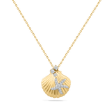 14K STARFISH ON SHELL PENDANT WITH 19 DIAMONDS 0.14CT ON 18 INCHES CABLE CHAIN