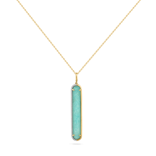 14K DOUBLET AMAZONITE & CLEAR QUARTZ PENDANT. WITH 43 DIAMONDS 0.16CT ON 18 INCHES CABLE CHAIN