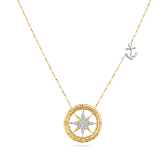 14K COMPASS NECKLACE WITH 42 DIAMONDS 0.13CT ON 18 INCHES CABLE CHAIN