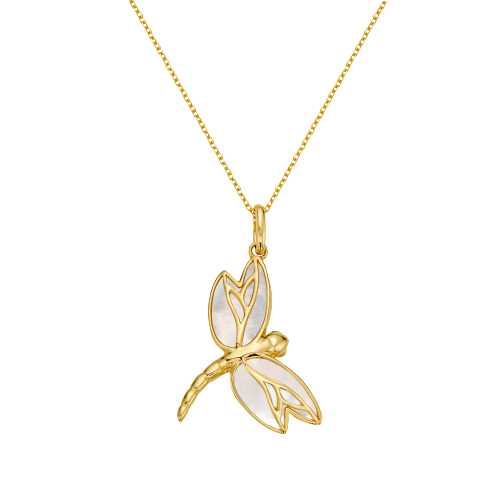 14K MOTHER OF PEARL DRAGONFLY NECKLACE ON 18 INCHES CABLE CHAIN