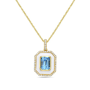14K OCTAGON SHAPED WHITE ENAMEL PENDANT WITH 1 BLUE TOPAZ 1.48CT AND 51 DIAMONDS 0.22CT ON 18 INCHES CABLE CHAIN