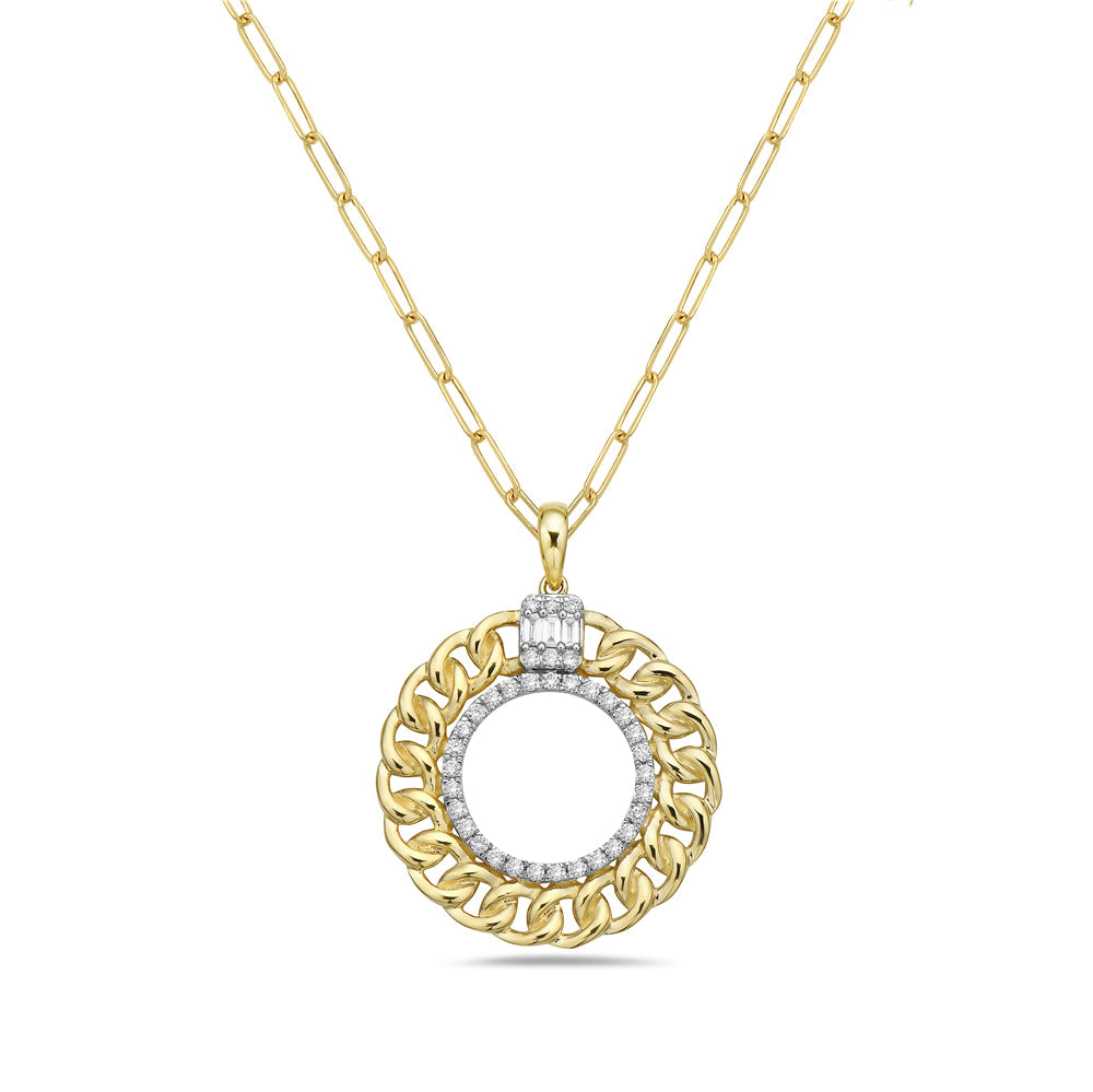 14K LINK CIRCLE PENDANT WITH DIAMONDS ON 18 INCHES CHAIN