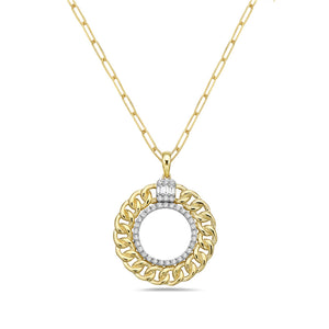 14K LINK CIRCLE PENDANT WITH DIAMONDS ON 18 INCHES CHAIN