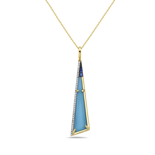 14K DOUBLET RECON TURQUOISE AND CLEAR QUARTZ LEVER BACK DANGLE PENDANT. WITH DIAMONDS AND SAPPHIRES ON 18 INCHES CHAIN