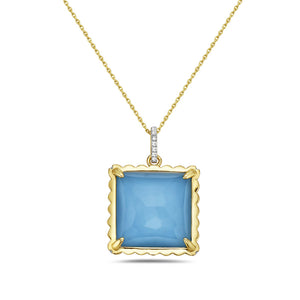 14K SQUARE DOUBLET RECON TURQUOISE AND CLEAR QUARTZ PENDANT WITH 15 DIAMONDS 0.05CT ON 18 INCHES CABLE CHAIN