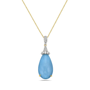 14K TEARDROP RECON TURQUOISE PENDANT WITH 37 DIAMONDS 0.17CT ON 18 INCHES CABLE CHAIN