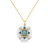 14K OCTAGON SHAPED WHITE CERAMIC PENDANT WITH A BLUE STONE DOUBLET IN AMAZONITE BOTTOM AND CLEAR QUARTZ ON TOP, DIAMONDS AND SAPPHIRES ON 18 INCHES CABLE CHAIN