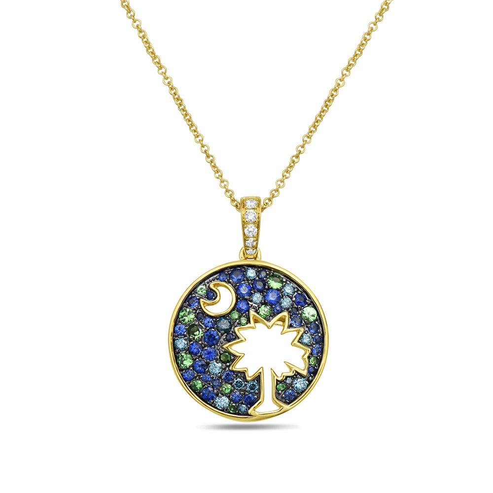 14K COLORFUL ROUND PALMETTO TREE PENDANT WITH DIAMONDS, SAPPHIRES AND GREEN GARNETS ON 18 INCHES CABLE CHAIN