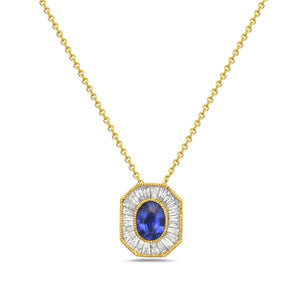 18K PENDANT WITH A CENTER OVAL SAPPHIRE SURROUNDED BY BAGUETTE DIAMONDS ON 18 INCHES CABLE CHAIN