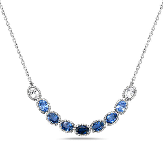 14K PENDANT WITH 2 WHITE SAPPHIRES 0.91CT, 7 FANCY BLUE SAPPHIRES 4.17CT AND 192 DIAMONDS 0.36CT ON 18 INCHES CABLE CHAIN