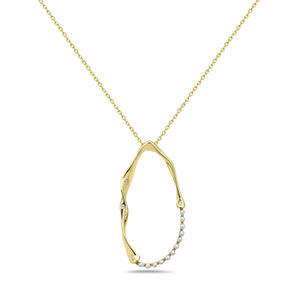 14K FREE FORM PENDANT WITH 5 DIAMONDS 0.05CT & 12 FRESH WATER PEARLS ON 18 INCHES CHAIN, 39X20MM
