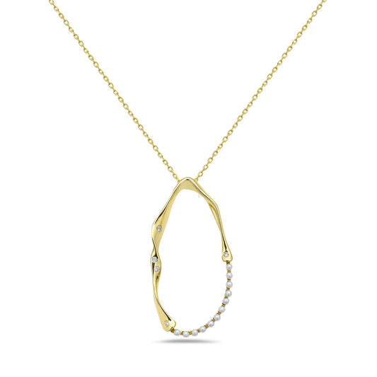 14K FREE FORM PENDANT WITH 5 DIAMONDS 0.05CT & 12 FRESH WATER PEARLS ON 18 INCHES CHAIN, 39X20MM