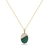 14K OVAL MALACHITE PENDANT WITH 31 DIAMONDS 0.10CT ON 18 INCHES CHAIN