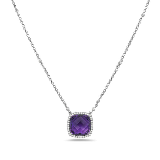 14K CUSHION PENDANT WITH 11.5MM CUSHION AMETHYST 6.35CT & 42 DIAMONDS 0.22CT ON 18 INCHES CABLE CHAIN