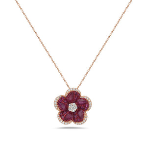 14K FLOWER PENDANT WITH 25 PINK SAPPHIRES 1.79CT AND 41 DIAMONDS 0.23CT ON 18 INCHES CABLE CHAIN