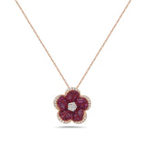 14K FLOWER PENDANT WITH 25 PINK SAPPHIRES 1.79CT AND 41 DIAMONDS 0.23CT ON 18 INCHES CABLE CHAIN